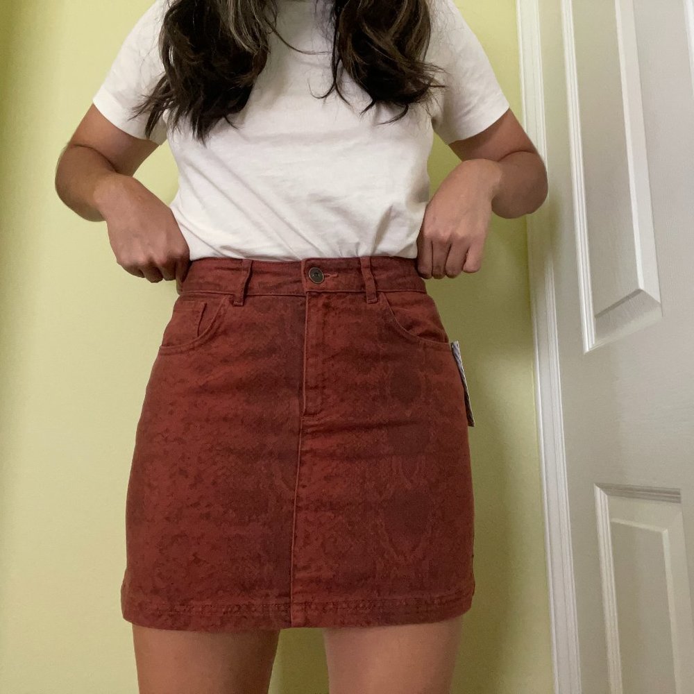Rust Snake Skin Pattern Denim Skirt